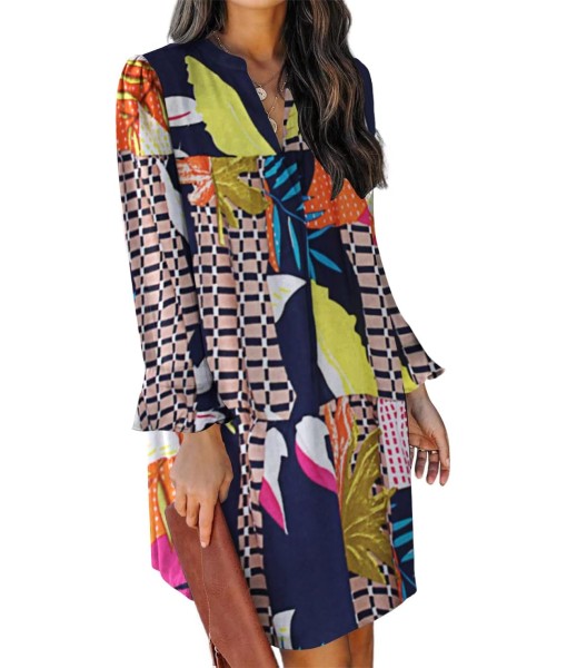 QACOHU Fall Dresses for Women 2025 Casual V Neck Long Sleeves Flowy Mini Tunic Dress