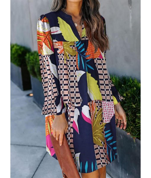 QACOHU Fall Dresses for Women 2025 Casual V Neck Long Sleeves Flowy Mini Tunic Dress