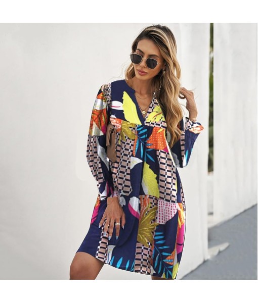 QACOHU Fall Dresses for Women 2025 Casual V Neck Long Sleeves Flowy Mini Tunic Dress