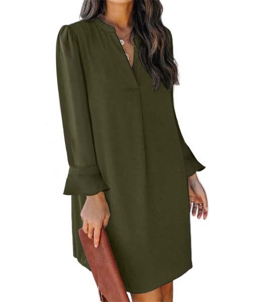 QACOHU Fall Dresses for Women 2025 Casual V Neck Long Sleeves Flowy Mini Tunic Dress
