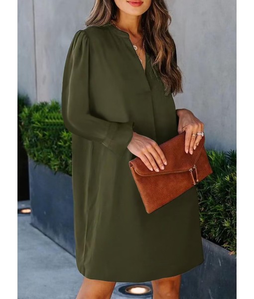QACOHU Fall Dresses for Women 2025 Casual V Neck Long Sleeves Flowy Mini Tunic Dress
