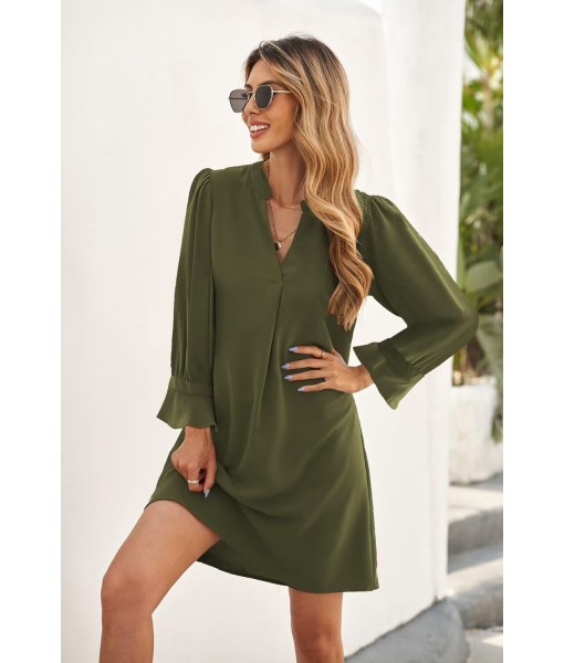 QACOHU Fall Dresses for Women 2025 Casual V Neck Long Sleeves Flowy Mini Tunic Dress