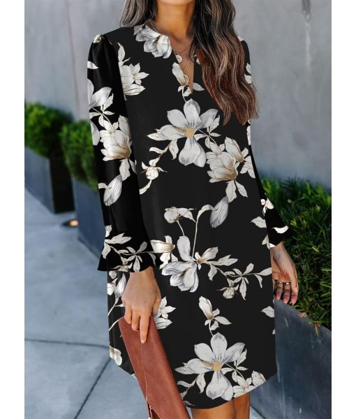 QACOHU Fall Dresses for Women 2025 Casual V Neck Long Sleeves Flowy Mini Tunic Dress