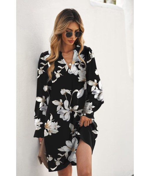 QACOHU Fall Dresses for Women 2025 Casual V Neck Long Sleeves Flowy Mini Tunic Dress