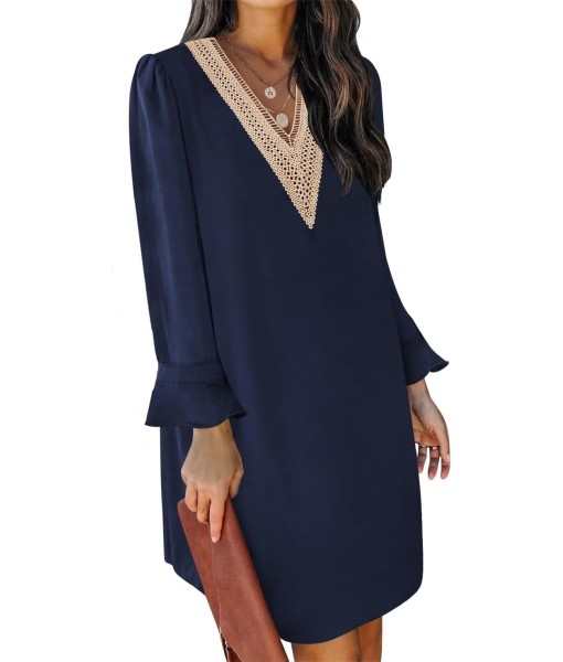 QACOHU Fall Dresses for Women 2025 Casual V Neck Long Sleeves Flowy Mini Tunic Dress