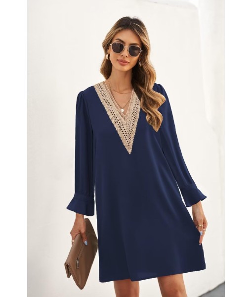 QACOHU Fall Dresses for Women 2025 Casual V Neck Long Sleeves Flowy Mini Tunic Dress