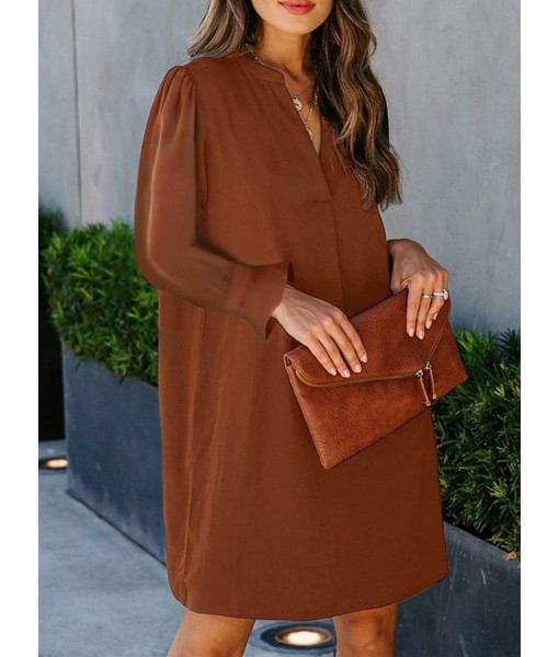 QACOHU Fall Dresses for Women 2025 Casual V Neck Long Sleeves Flowy Mini Tunic Dress