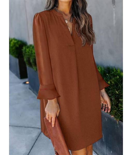 QACOHU Fall Dresses for Women 2025 Casual V Neck Long Sleeves Flowy Mini Tunic Dress