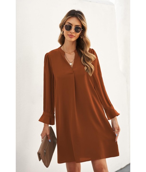 QACOHU Fall Dresses for Women 2025 Casual V Neck Long Sleeves Flowy Mini Tunic Dress