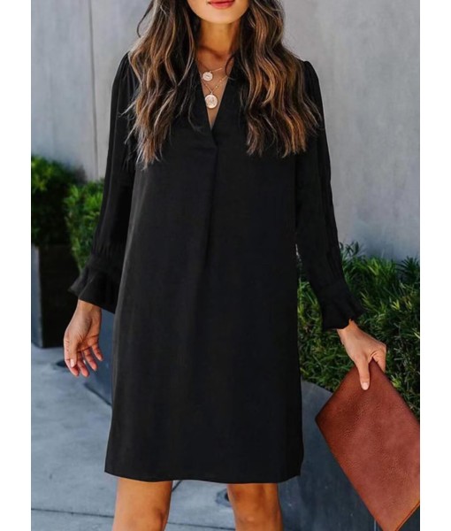 QACOHU Fall Dresses for Women 2025 Casual V Neck Long Sleeves Flowy Mini Tunic Dress
