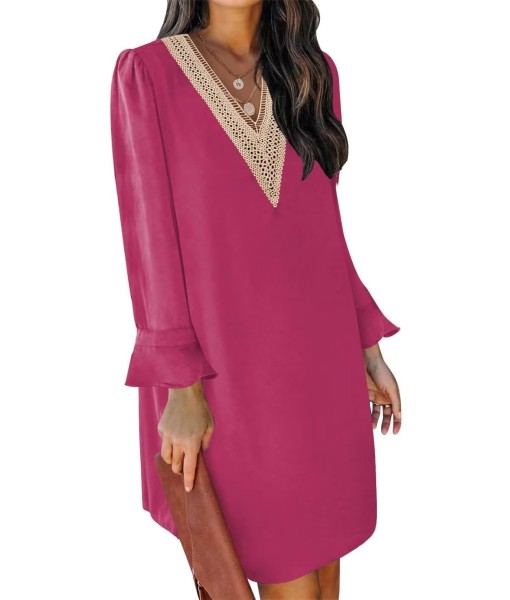 QACOHU Fall Dresses for Women 2025 Casual V Neck Long Sleeves Flowy Mini Tunic Dress