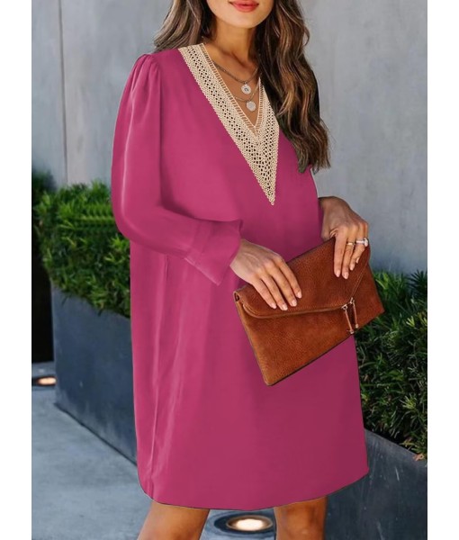 QACOHU Fall Dresses for Women 2025 Casual V Neck Long Sleeves Flowy Mini Tunic Dress