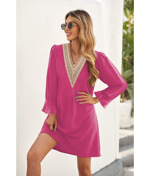 QACOHU Fall Dresses for Women 2025 Casual V Neck Long Sleeves Flowy Mini Tunic Dress