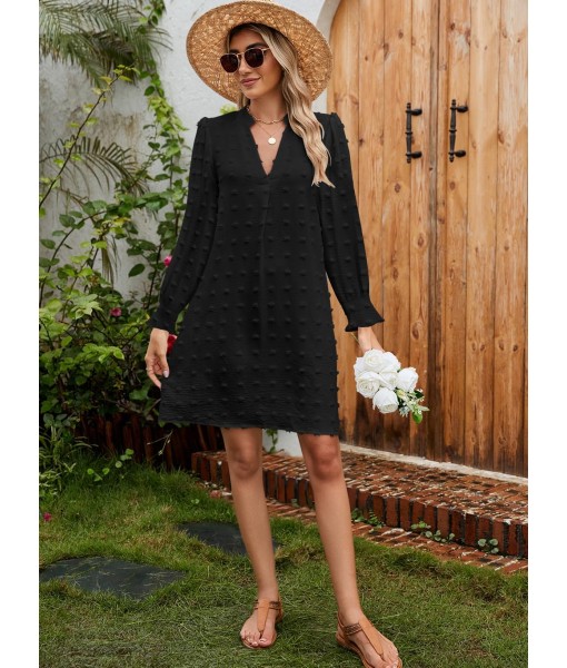 QACOHU Fall Dresses for Women 2025 Casual V Neck Long Sleeves Flowy Mini Tunic Dress