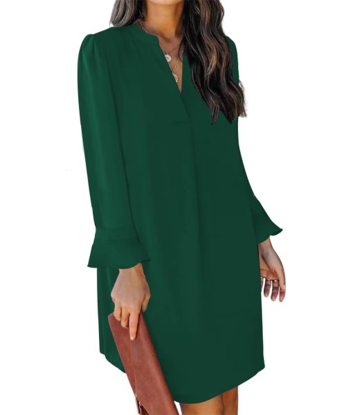 QACOHU Fall Dresses for Women 2025 Casual V Neck Long Sleeves Flowy Mini Tunic Dress