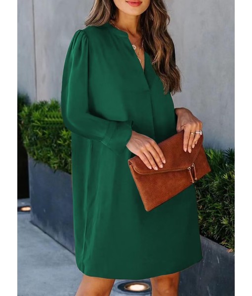 QACOHU Fall Dresses for Women 2025 Casual V Neck Long Sleeves Flowy Mini Tunic Dress