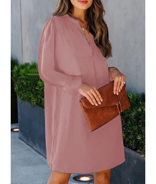 QACOHU Fall Dresses for Women 2025 Casual V Neck Long Sleeves Flowy Mini Tunic Dress