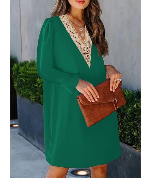 QACOHU Fall Dresses for Women 2025 Casual V Neck Long Sleeves Flowy Mini Tunic Dress