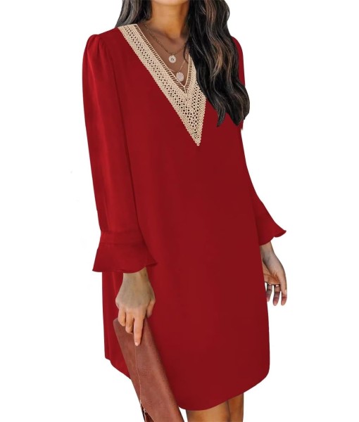 QACOHU Fall Dresses for Women 2025 Casual V Neck Long Sleeves Flowy Mini Tunic Dress