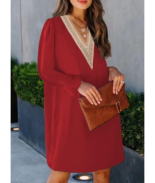 QACOHU Fall Dresses for Women 2025 Casual V Neck Long Sleeves Flowy Mini Tunic Dress