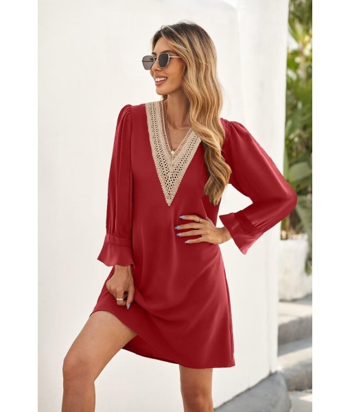 QACOHU Fall Dresses for Women 2025 Casual V Neck Long Sleeves Flowy Mini Tunic Dress
