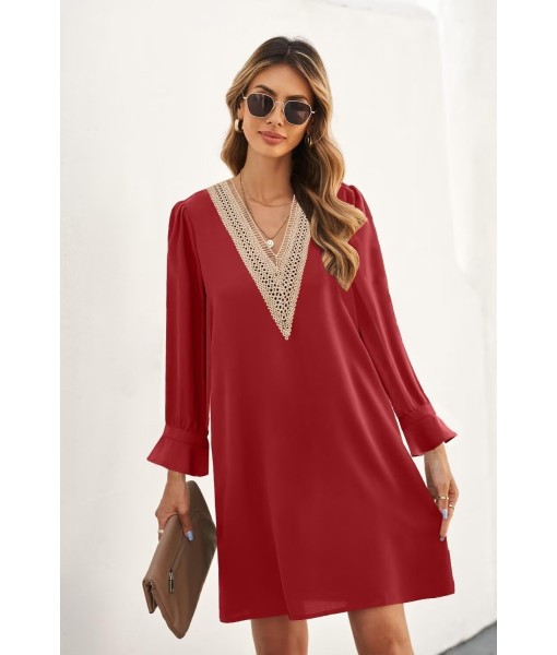 QACOHU Fall Dresses for Women 2025 Casual V Neck Long Sleeves Flowy Mini Tunic Dress