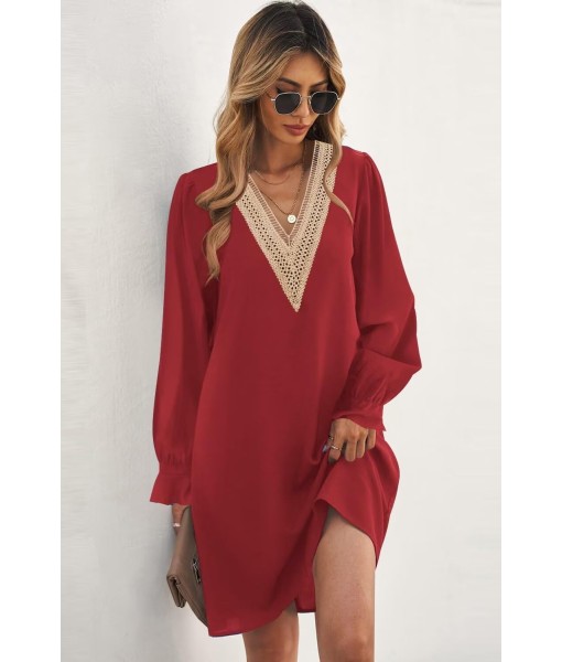QACOHU Fall Dresses for Women 2025 Casual V Neck Long Sleeves Flowy Mini Tunic Dress