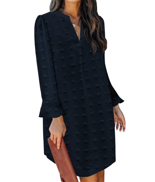 QACOHU Fall Dresses for Women 2025 Casual V Neck Long Sleeves Flowy Mini Tunic Dress