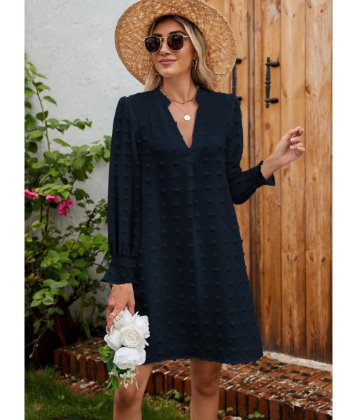 QACOHU Fall Dresses for Women 2025 Casual V Neck Long Sleeves Flowy Mini Tunic Dress