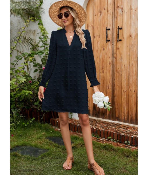 QACOHU Fall Dresses for Women 2025 Casual V Neck Long Sleeves Flowy Mini Tunic Dress