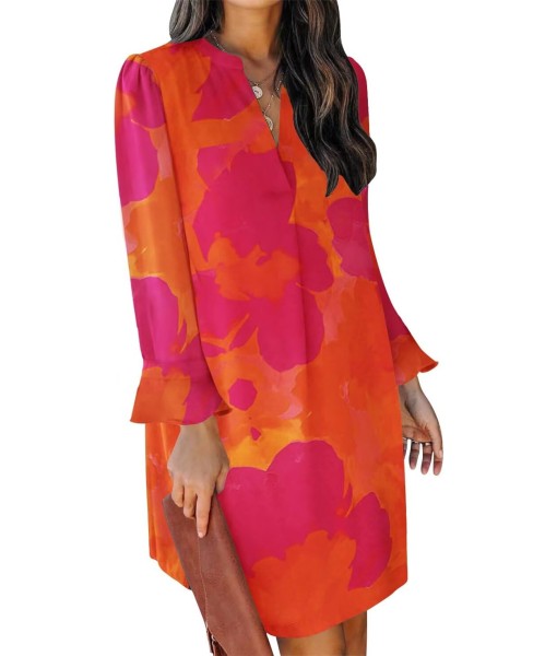 QACOHU Fall Dresses for Women 2025 Casual V Neck Long Sleeves Flowy Mini Tunic Dress