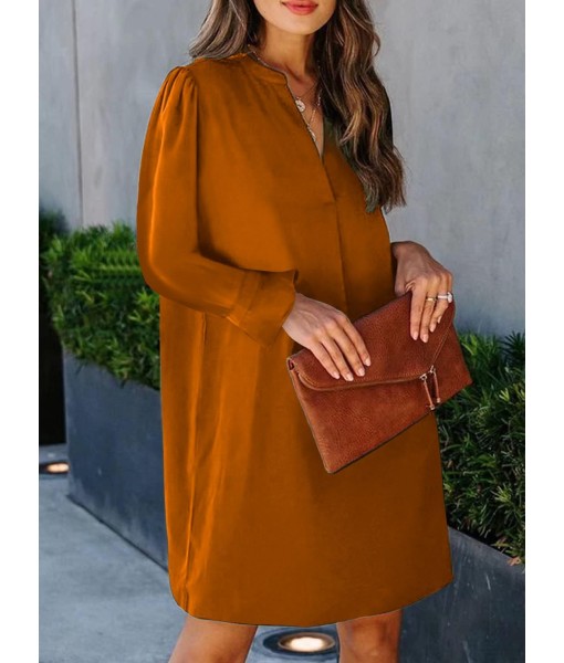 QACOHU Fall Dresses for Women 2025 Casual V Neck Long Sleeves Flowy Mini Tunic Dress