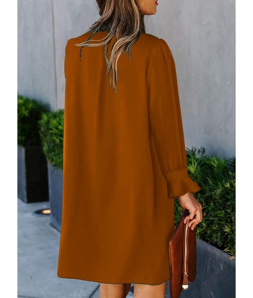 QACOHU Fall Dresses for Women 2025 Casual V Neck Long Sleeves Flowy Mini Tunic Dress