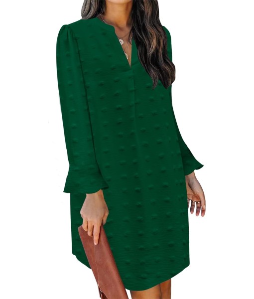 QACOHU Fall Dresses for Women 2025 Casual V Neck Long Sleeves Flowy Mini Tunic Dress