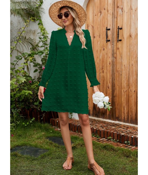 QACOHU Fall Dresses for Women 2025 Casual V Neck Long Sleeves Flowy Mini Tunic Dress