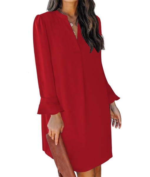 QACOHU Fall Dresses for Women 2025 Casual V Neck Long Sleeves Flowy Mini Tunic Dress