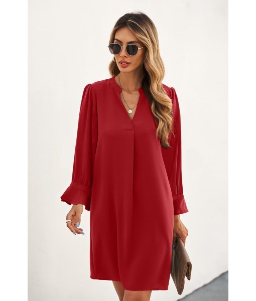 QACOHU Fall Dresses for Women 2025 Casual V Neck Long Sleeves Flowy Mini Tunic Dress