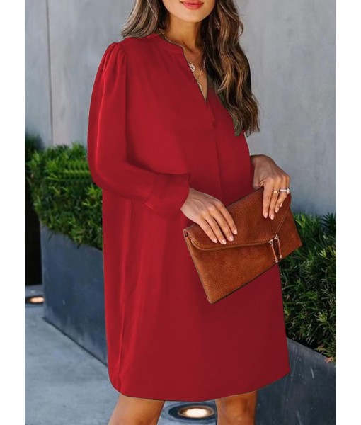QACOHU Fall Dresses for Women 2025 Casual V Neck Long Sleeves Flowy Mini Tunic Dress