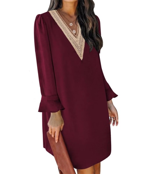 QACOHU Fall Dresses for Women 2025 Casual V Neck Long Sleeves Flowy Mini Tunic Dress