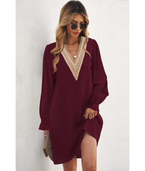 QACOHU Fall Dresses for Women 2025 Casual V Neck Long Sleeves Flowy Mini Tunic Dress