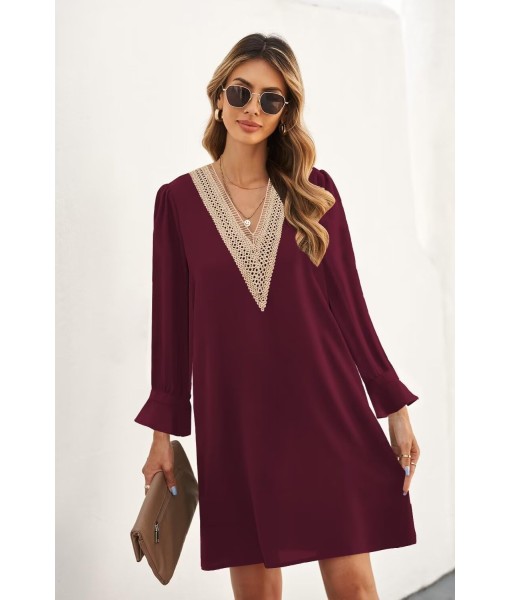QACOHU Fall Dresses for Women 2025 Casual V Neck Long Sleeves Flowy Mini Tunic Dress