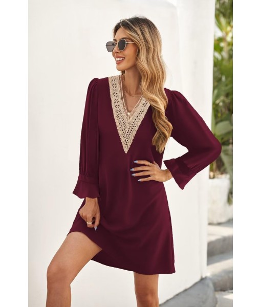 QACOHU Fall Dresses for Women 2025 Casual V Neck Long Sleeves Flowy Mini Tunic Dress