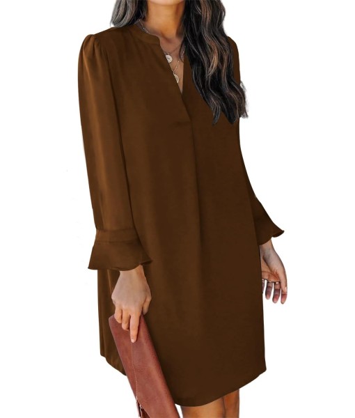 QACOHU Fall Dresses for Women 2025 Casual V Neck Long Sleeves Flowy Mini Tunic Dress