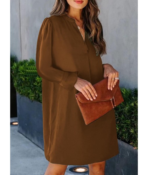 QACOHU Fall Dresses for Women 2025 Casual V Neck Long Sleeves Flowy Mini Tunic Dress