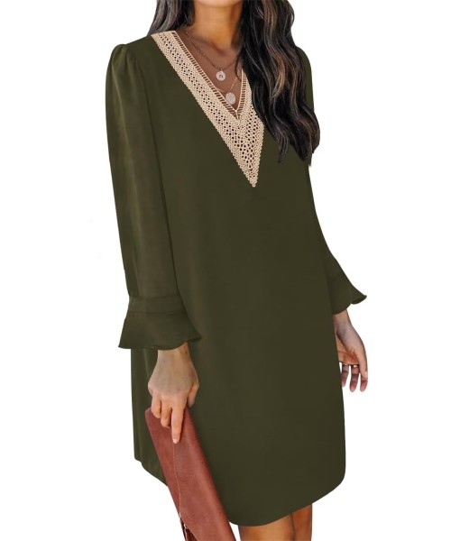 QACOHU Fall Dresses for Women 2025 Casual V Neck Long Sleeves Flowy Mini Tunic Dress