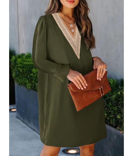 QACOHU Fall Dresses for Women 2025 Casual V Neck Long Sleeves Flowy Mini Tunic Dress