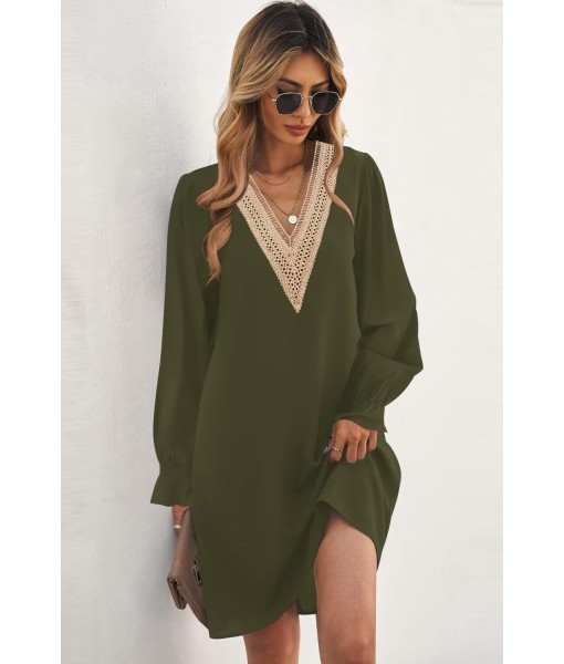QACOHU Fall Dresses for Women 2025 Casual V Neck Long Sleeves Flowy Mini Tunic Dress