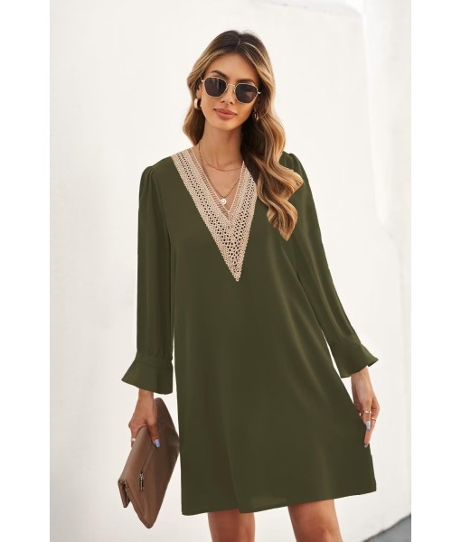 QACOHU Fall Dresses for Women 2025 Casual V Neck Long Sleeves Flowy Mini Tunic Dress