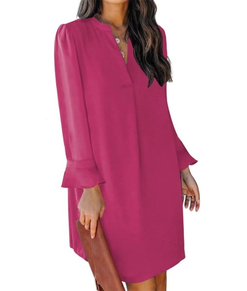 QACOHU Fall Dresses for Women 2025 Casual V Neck Long Sleeves Flowy Mini Tunic Dress