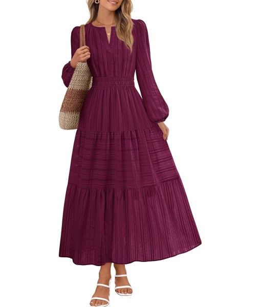 MEROKEETY Fall Dresses for Women 2025 Long Sleeve Casual V Neck Tiered Cotton Wedding Guest Maxi Dress Pockets